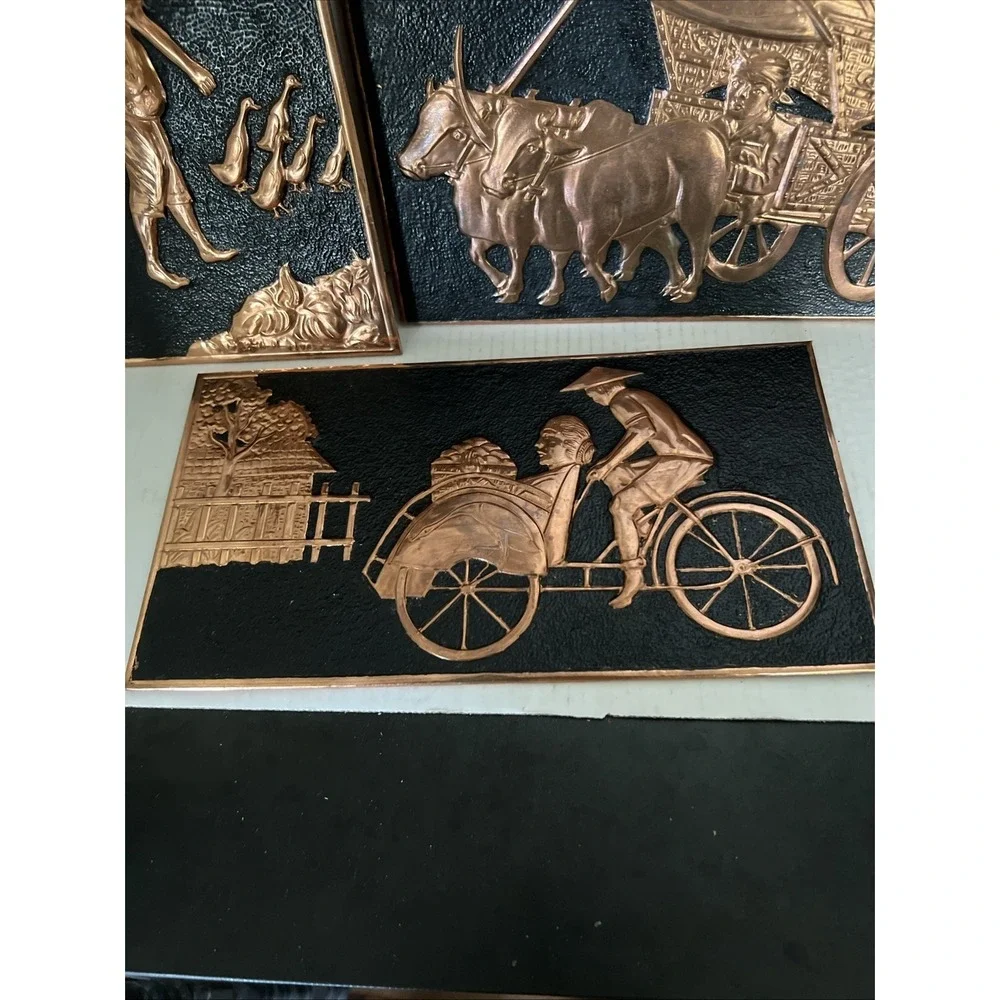 Vintage Copper Wall Art Plaques Set 3 Mid Century Modern Embossed Decor